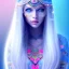 Placeholder: beautiful, soft, smiling face,long straight blonde hair blues eyes, crown on the head, clothing in transparent bluish and pink veil, background brillante bluish and pink,