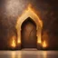 Placeholder: Hyper Realistic Bright-Glowing-Golden-Islamic-architecture on rustic-brown-rustic wall with embers