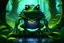 Placeholder: the protector. humanoid frog king. enormous, hulking, lumbering, towering over lush forest landscape. best selling beautifully animated graphic novel quality distinctive eye-catching anime. and frogs to destroy them