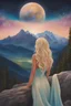 Placeholder: create a very tall mountain, with a summit in the stars, from above a beautiful and luminous goddess with long hair as dark as night and jewels in her hair looks at the Earth and sees a blond man in a work meeting