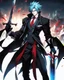 Placeholder: Stunning male anime character, drawn with intricate details on white background. The character is tall and muscular, with spiky blue hair and piercing blue eyes. Dark suit, with a red tie and black gloves. In one hand, he holds an elegant sword, its blade reflecting the light menacingly, while the other hand rests on his hip. The overall atmosphere of the picture is intense and dramatic, with a touch of mysterious charm.