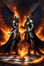 Placeholder: Create an awe-inspiring digital painting of a mythical duel between an infernal knight and a divine queen on an expansive chessboard. The knight, an imposing figure with armor that weaves darkness and flames, stands engulfed in smoldering embers and crackling fire. Opposite him, the queen emanates a celestial aura, her wings unfurling with brilliant light and pure energy. They confront each other amidst a dynamic backdrop of a futuristic city skyline, with stormy clouds overhead and bolts of lig
