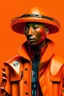 Placeholder: Pharrell Williams dressing in orange, cyberpunk, ultra realistic