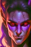 Placeholder: purple skin, glowing fiery eyes, smirk