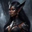 Placeholder: Behold, the obsidian huntress! Her beauty is as captivating as a storm cloud, with dark skin that gleams like polished ebony under the flickering torchlight. Pointed elven ears, reminiscent of a Castlevania vampiress, frame a face as striking as a panther's. A smile, both alluring and predatory, bares sharp fangs that glint with an unnatural sheen. Her eyes, the color of smoldering embers, seem to hold the secrets of forgotten battlefields.