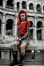 Placeholder: A portrait of an attractive young Italian punk girl. Photo taken in front of the Colosseum. Holey T-shirt, short red skirt, heavy boots, a few tattoos and piercings, colourful teased hair voivod style, sitting pose, 70 mm lens, classic Ilford film, highly detailed skin, small mole over lips