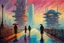 Placeholder: painting of a futuristic psychedelic cyberpunk colourful walkway with two people making an exchange in the city with pollution by monet. umbrella. open space