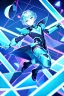 Placeholder: neon blue, flying parts of armor in form of triangles, cyber armor, geometric patterns on armor, male, orbiting triangle