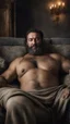 Placeholder: photorealistic, photography, full figure shot, an hairy men sleeping over an old sofa, hands behind the neck, Realistic photography, well defined facial features, strong muscular chubby sweat dirty arab, shirtless, ugly , 43 years old , open legs, manly chest, big shoulders, manly torso, long beard, dirty ripped tracksuit , very dark living room, dim light, ambient occlusion, view angle from below, frontal view from the ground