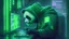Placeholder: realistic Panda Hacker using a server computer green light in cyberpunk scenario green lights without glasses in the top of building