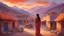 Placeholder: The image should depict a serene evening scene of a traditional Pakistani village at sunset, featuring a young woman adorned in a vibrant red and blue checkered dress, surrounded by rustic houses and breathtaking mountain landscapes, bathed in soft golden light and dramatic hues of orange, pink, and purple.