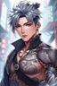 Placeholder: 3d detailed anime attraktive young korean male character with elaborate detailed warrior tattooed . some ring jewelry, dark silver hair, dark korean eyes, young korean man with attractive masculine face, shados, pale light, cyber urban background