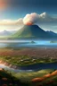 Placeholder: eine stadt am meer und ein riesiger vulkan und berge und viel grasland