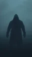 Placeholder: no back ground, The shadow of a hooded fallen man can be seen in the fog