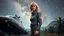 Placeholder: A photorealistic image of an adventurous, slender, older woman from the future, dressed in a tailored, full-body spacesuit, stands proudly beside her cargo spaceship. Her uncombed, blond hair has bangs. Standing in a jungle clearing. The scene is framed by a cosmic expanse of stars and nebulas.