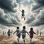 Placeholder: Hyper Realistic Aerial Back View Of Lots Of Children (Male Female Both Children Wearing Keffiyeh) Happily Running Towards Heaven On Sky At Cloudy-Day Environment Showing Dramatic & Cinematic Ambiance.