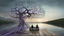 Placeholder: back to the camera a figure sittings on amorph bench in a beautiful landscape and overlooking the water of the nearby lake, calm, harmonious atmosphere, muted dark colors, purple, white, gray, green, blue, brown, silver, black , ,not too colorful colors, Whimsical style and giant stunning neuron network all over the sky, half shadow and half light picture, surreal stunning vibe