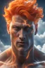 Placeholder: a slim muscular god with galaxy's in his eyes, glowing orange hair that looks like it's made of the sun, a light gray body made of clouds with glowing cracks of orange within it in cloud patterns. lightning crawls up his face. necklace made of water. realistic 4k