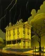 Placeholder: A yellow haunted mansion in a thunderstorm painted by John Brack