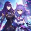 Placeholder: Clear focus,High resolution,High quality, Smiling, Purple long fluffy hair, Green eyes, Wearing a pink mech uniform, Honkai Impact Star Rail