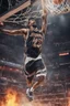 Placeholder: 8k, highly realistic and detailed image of a NBA basketball player in action dunking the ball in the net, sweaty hair, screaming look,action and smoke and flames background