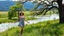Placeholder: a beautiful lady in nice decolte mini dress sport shes in country side next to river and big tree,wild flowers standing