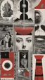 Placeholder: surreal collage art crafted from vintage persian magazines poster Novell , art composition by kusama, sci-fi elements , Alice's Wonderland, black and white and deep red