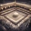 Placeholder: Hyper Realistic Aerial-View of lots of people praying outside-an-open-air-hall of Masjid-Nabawi in Madina with clean-marble-flooring & date-trees-outside at night showing dramatic & cinematic ambiance