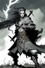 Placeholder: elf, male, with flowing grey robes, no armor, with two sabres, in the field, with a storm overhead, dynamic pose, darkest dungeon style, black and white