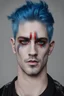 Placeholder: A man with blue hair with black stripes and red eye color