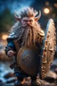 Placeholder: elven gremlin viking with wild hair and big holy ornamented shield Under stjerners gnist Vi går som ett, vår tro et løfte ,bokeh like f/0.8, tilt-shift lens 8k, high detail, smooth render, down-light, unreal engine, prize winning