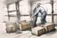 Placeholder: a swedish industry worker from sweden, very strong pushing a wooden crates and IBC along the floor in a factory, very basic sketch painting like the image i uploaded
