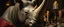 Placeholder: close up portrait painted by Rembrandt, stupid looking furry dragon rhino at banquet