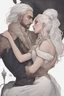 Placeholder: Strahd Von Zarovich being kissed sweetly by a beautiful woman with white hair, wearing an off the shoulder dress. Settling and background are a lavish toomb with an ebony coffin.