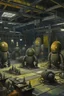 Placeholder: A dark gray robotic factory with bombs painted by Paul Gauguin