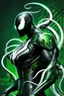 Placeholder: Cyborg symbiote, white color, green color, tendrils, high tech, cyberpunk, biopunk, membrane wings, carbon fiber, cyber tentacles, and the other two.