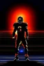 Placeholder: the menacing Silhouette of a football linebacker, the background on the left is red at the top and fading to black at the bottom, the background on the right is orange at the top and fading to dark navy blue at the bottom, background also has stadium lighting and the receding lines of a football field, NFL background