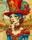 Placeholder: Masterpiece, a delicate ink and watercolor wash rendering on rough handmade paper. A vibrant and imaginative collage unfolds, blending vintage circus charm with surreal whimsy. At its heart stands a glamorous circus performer, wearing a colorful, patterned bodysuit rendered with intricate ink lines and layered washes of sapphire, crimson, and gold. A tall, red top hat crowns her head, sketched with bold strokes and rich scarlet hues. Behind her, a classic circus tent rises, its stripes suggested