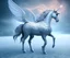 Placeholder: surreal illustration of a unicorn on frozen ground, realistic, surrealism, surreal unicorn with glowing wings, glowing soft and smooth wings, shadow, abstract surreal fantasy art, highly detailed, intricate patterns on wings, soft studio lighting, smooth dark blue background 64k