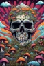Placeholder: Psychedelic skull looking high and grinning, surrounded by clouds and overgrown with psychedelic mushrooms. Birds flying around the skull. Digital drawing. Colorful. t-shirt design. Cartoon. Digital cartoon. Mid detailed. Super happy. Cheerful. Light hearted. Colorful. Vibrant colours.