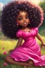 Placeholder: An expressive oil painting image of a chibi black cartoon of a curvaceous woman with flowing of tight curly afro of black hair that's highly detailed, wearing a hot pink maxi dress. She sits relaxed on the grass facing the warm sunlight, which illuminates her face as she looks to the side with a small smile, accentuating her prominent makeup and brown eyes. with green and hot pink roses all around