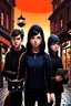 Placeholder: Design a book cover for fantasy criminal story. One teenage girl and two boys are on the town street. Black Cat as a company. The book is for teenagers. Modern style. Bakery in the background