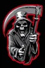 Placeholder: Grim-Reaper gripping scythe and pointing like uncle sam, vignette, black and white vector with a red outline, and black background, biker style