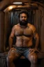 Placeholder: full figure shot photography of a 40-year-old arab angry beefy tattoo very hairy sweaty worker sitting spread-legged in an old sofa inside a construction site shed, big shoulders, boots, dressed in bulging shorts,shirtless, stubble, big manly legs, hairy chest, serious eyes, midnight, dim neon lights illuminating and shine on the beards of sweat that fill his large chest, photorealistic , ambient occlusion, view angle from the ground