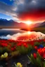 Placeholder: crea una foto panorámica de un atardecer entre las montañas y el lago cerro del bayo de mendoza con tulipanes rojos y celestes