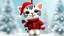 Placeholder: cute chibi cat shaped hanging Xmas tree ornament wearing red knitted pullover with zebra on it in sunshine, snowcapped xmas tree