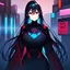 Placeholder: Cyberpunk girl with black hair, red eyes and scars on her face