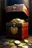 Placeholder: in a LARGE BASEMENT, half-buried in the earth, an ancient, worn-out, worn-out, torn-side valise peeks out, from which gold coins from the time of Catherine the Great fall out. The ancient coat of arms of Russia, the double-headed eagle, is BARELY VISIBLE on the bag. There are a lot of broken bricks and earth around the bag. All in high quality 8K