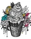 Placeholder: line sketch of ice cream half colored and half in black and white with flowers, vibrant colors, melting ice cream,