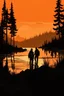 Placeholder: drawing Two silhuet hikers walking on a track near a lake in the forest, in a mountaion setting in sunset. the edge of the picture made with small outdoor related drawing.